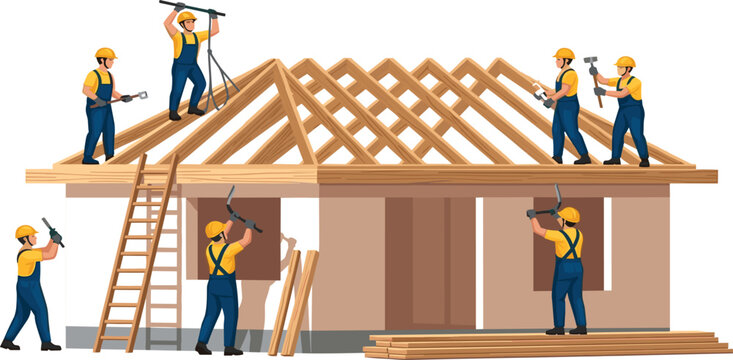 Construction Workers Building Wooden House Frame with Roof Installation Carpentry Home Development and Residential Construction Illustration