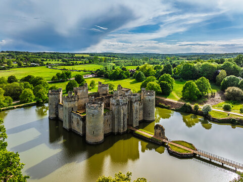 Bodiam Castle from a drone, Bodiam, Robertsbridge, East Sussex, England