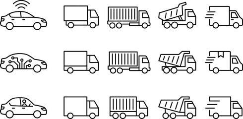 Transportation and logistics line icon set featuring smart cars delivery trucks cargo semis and industrial tipper vehicles © fulbabu