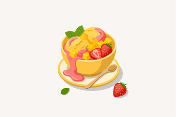 Mango and Strawberry Ice Cream Scoop in Yellow Bowl Vector Illustration © Akasha Design