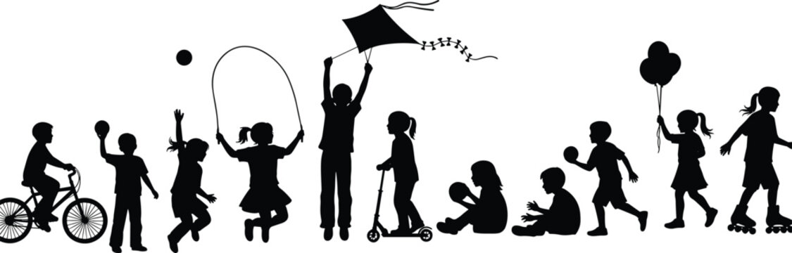 Large silhouette collection of active children playing with kites, jumping rope, riding bicycles, scooters, and rollerblades, representing diverse childhood outdoor summer sports activities.