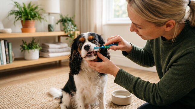 Happy Cavalier King Charles Spaniel getting teeth brushed by owner