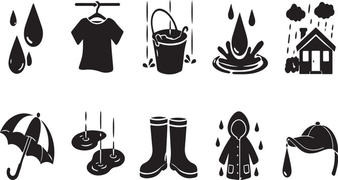 Comprehensive Vector Rain Icons Set Featuring Umbrella, Raincoat, Waterproof Boots, Puddles, Raindrops, and Stormy Weather Symbols for Design Projects, Infographics, and Web Applications