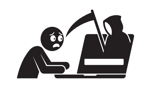 Funny vector illustration of cyberchondria where a person searches minor medical symptoms online and sees the Grim Reaper, funny concept of internet self diagnosis panic and digital health anxiety.