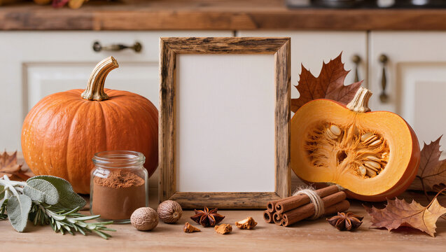 Autumn Harvest Kitchen Decor with Mockup Frame and Pumpkins
