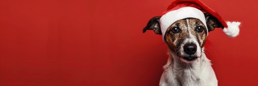 Festive Jack Russell terrier dog wearing a Santa hat gazes intently at camera against vibrant red background, capturing holiday spirit with adorable charm.
