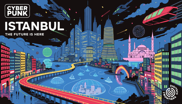 Very beautiful Istanbul cyberpunk poster featuring futuristic illuminated waterways, glowing holographic landmarks, neon bridges connecting continents, reflective rain-soaked streets, flying vehicles,