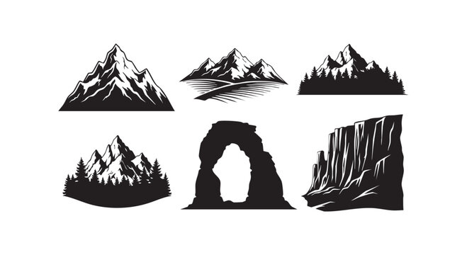 Mountain range landscape silhouettes and rock formations with forest trees cliff and desert arch icons on white background.