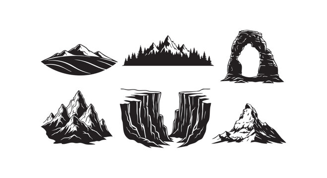 Mountain range landscape silhouettes with rocky formations forest trees natural arch and deep cliff vector art set.