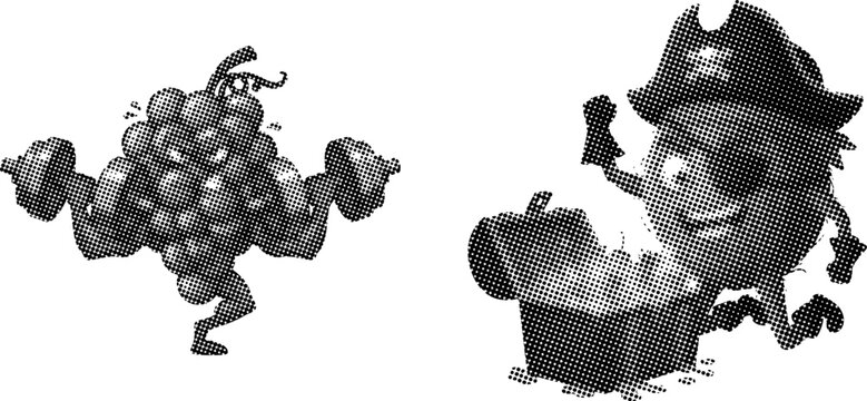 Funny fruit cartoon characters set with halftone dot pattern for bodybuilding grapes and pirate coconut mascot