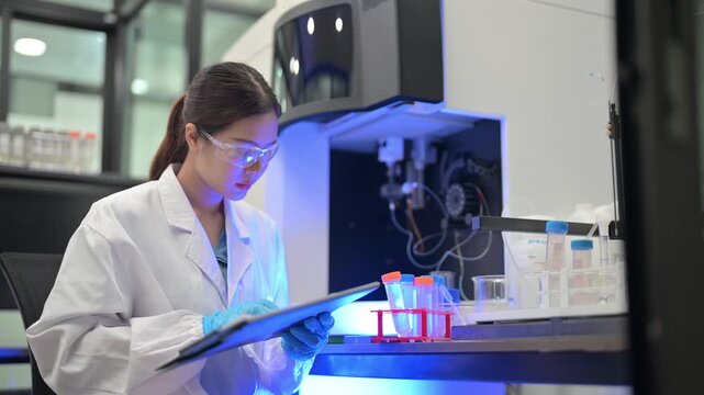 Scientist in lab coat and safety glasses examines test tube under blue light
