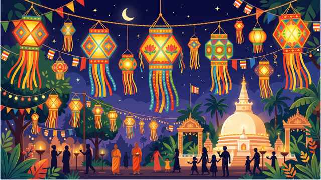 Poson Lanterns Hanging Vector Illustration, Traditional Sri Lankan Buddhist Festival Decorations with Glowing Vesak Lanterns
