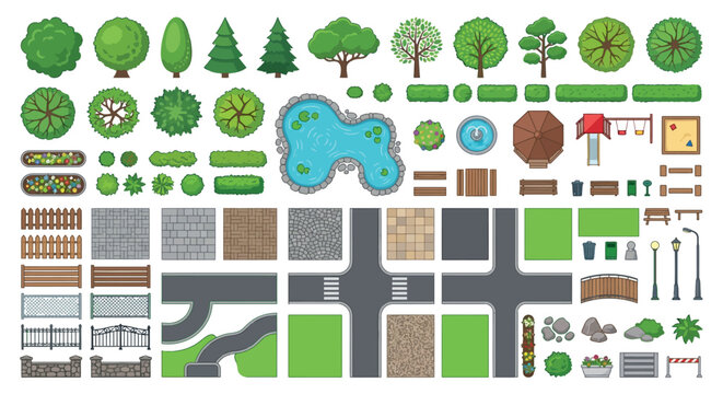 Assorted Park Elements Vector Illustration Top Down View