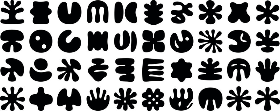 A collection of black organic blob shapes and abstract symbols arranged in a grid pattern on a white background featuring various rounded geometric forms and stylized floral