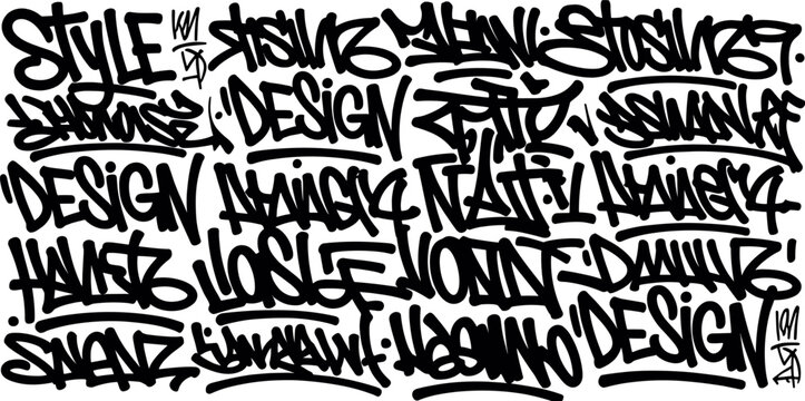 Black and white graffiti tag pattern featuring overlapping handstyle lettering and stylized words in a dense urban street composition on a plain white background