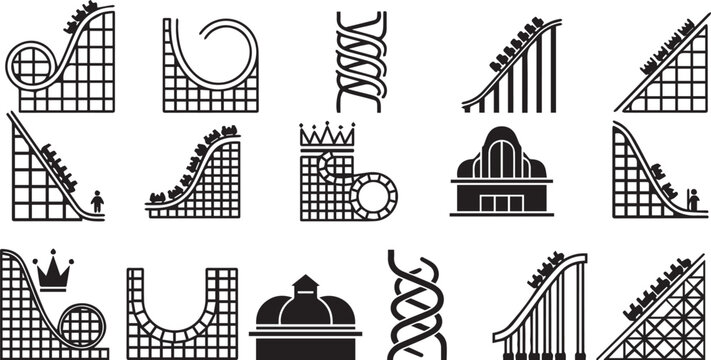Amusement park roller coaster silhouette collection, thrilling ride vector icons set, carnival attraction illustrations, isolated entertainment symbols for creative projects