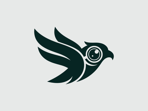 Dark green flying bird logo with big eye vector graphic