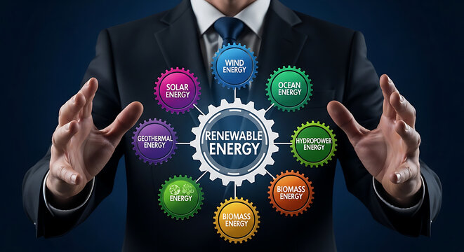 Businessman presenting renewable energy sources concept with circular icons