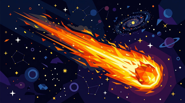 Low poly burning meteor flying in cosmic space with geometric galaxy vector background