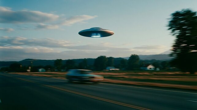 Ufo spaceship flying over a rural highway at sunset