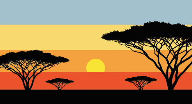 Silhouette of african trees against a vibrant sunset sky background