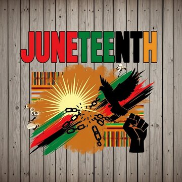 Vibrant juneteenth celebration graphic with bird and broken chains on wooden background