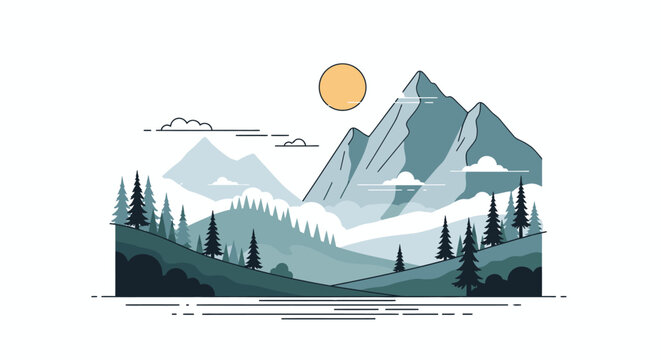 Stylized landscape illustration of mountains forest and sun for outdoors design