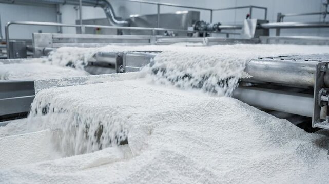 Close medium shot of dry calcium carbonate powder flowing through conveyor belts in a clean manufacturing facility under controlled conditions