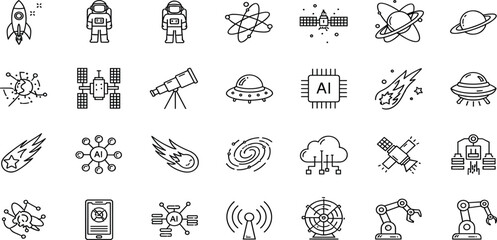 Space Exploration and Artificial Intelligence Icon Set with Astronauts Satellites Planets UFOs Robotics and Technology Symbols Collection © Mimi