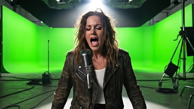 Woman singing passionately into microphone in green screen studio