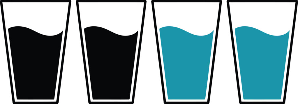 Water glass, level icons set, minimalist vector icons representing different water levels in glass for hydration tracking infographic and UI design use.