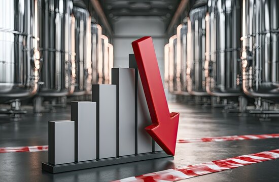 Industrial setting with a downward trending bar graph and red arrow