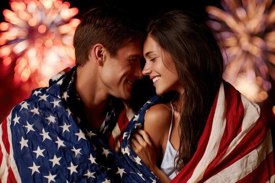 Young couple wrapped in American flag, sharing a tender moment with fireworks in the background.