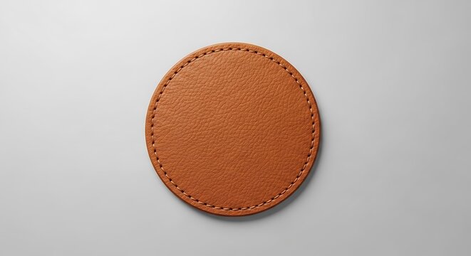 A circular brown leather patch isolated on a light gray background featuring detailed stitching around the edge for clothing apparel or branding design