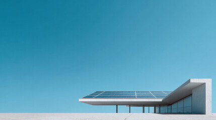Fototapeta premium Solar panels on a modern minimalist roof, blue sky, clean energy concept, architectural shot 