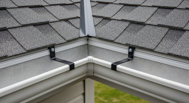 Close-up of a house roof corner with grey asphalt shingles and white gutter with leaf guards installed