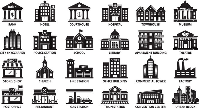Buildings icon set, vector illustrator