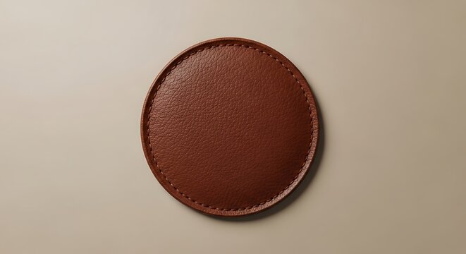 A circular leather patch with fine stitching detail set against a neutral background showing a high quality minimalist design and premium texture.