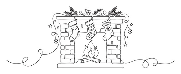Obraz premium Continuous line art vector illustration of a cozy fireplace with Christmas socks hanging on the brick mantel, presenting a warm winter holiday home decoration concept