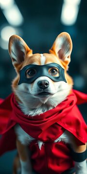 Heroic corgi in red cape and black mask, serious gaze,  ready,  cape