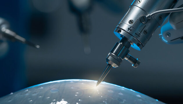 Advanced robotic surgical arm performing high precision micro operation on biological tissue in a sterile futuristic laboratory with cinematic blue lighting and professional 3D render.