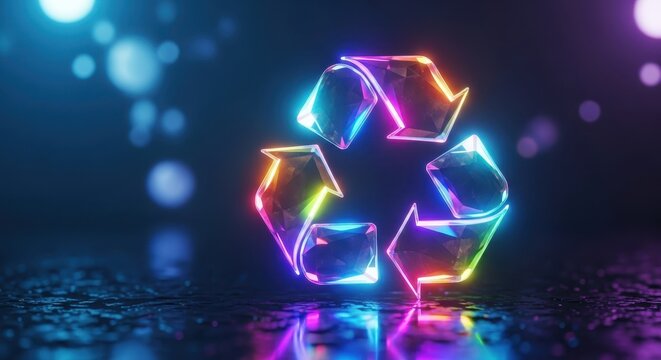 Glowing colorful neon recycling symbol on a dark wet surface with recycling, sustainabilit