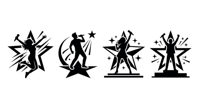 Singing performer silhouettes with starbursts black and white vector illustration