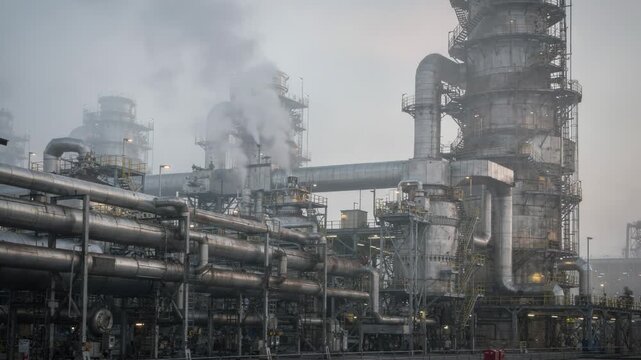 Medium shot of a catalytic cracking reactor section highlighting intricate FCCU reactor and regenerator structures with visible steam vents and ducts in a detailed industrial