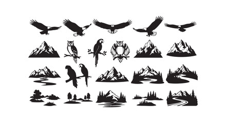 Obraz premium Nature elements vector silhouette set with eagles, owls, parrots, mountains, and trees.