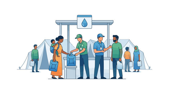 Humanitarian aid workers distributing clean drinking water to people in a refugee camp.