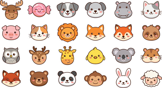 Cute animal face sticker bundle with kawaii cartoon avatar characters including bear lion panda fox and koala for nursery children graphic design elements