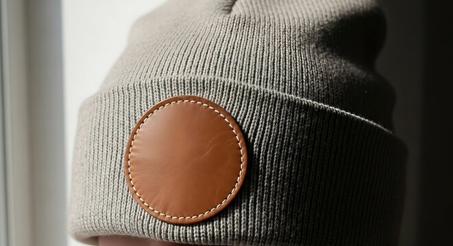 A close-up view of a stylish grey knitted beanie hat featuring a blank circular leather patch for custom logo branding on a soft fabric texture background