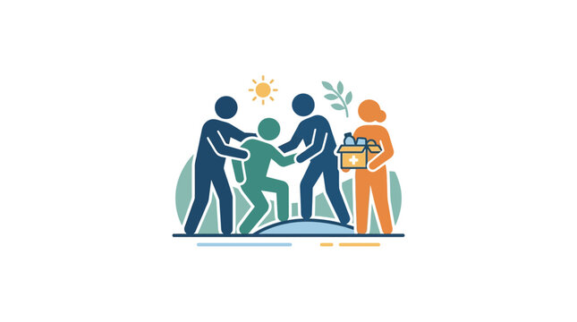 A group of people helping an individual in need with supplies and support.