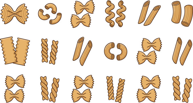 Italian pasta vector sticker bundle with cartoon whole wheat macaroni types including farfalle penne fusilli rotini and rigatoni for kitchen graphic design elements